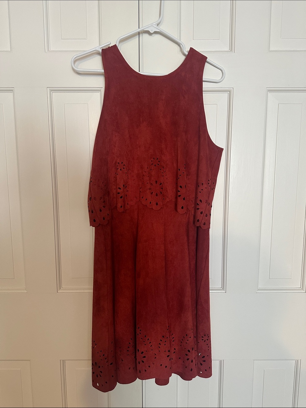 Romeo & Juliet Couture Red Faux Suede Midi Dress with Laser-Cut Detail